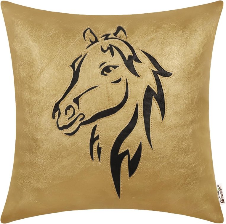 BRAWARM Faux Leather Throw Pillow Cover 20x20, Gold Horse Embroidery