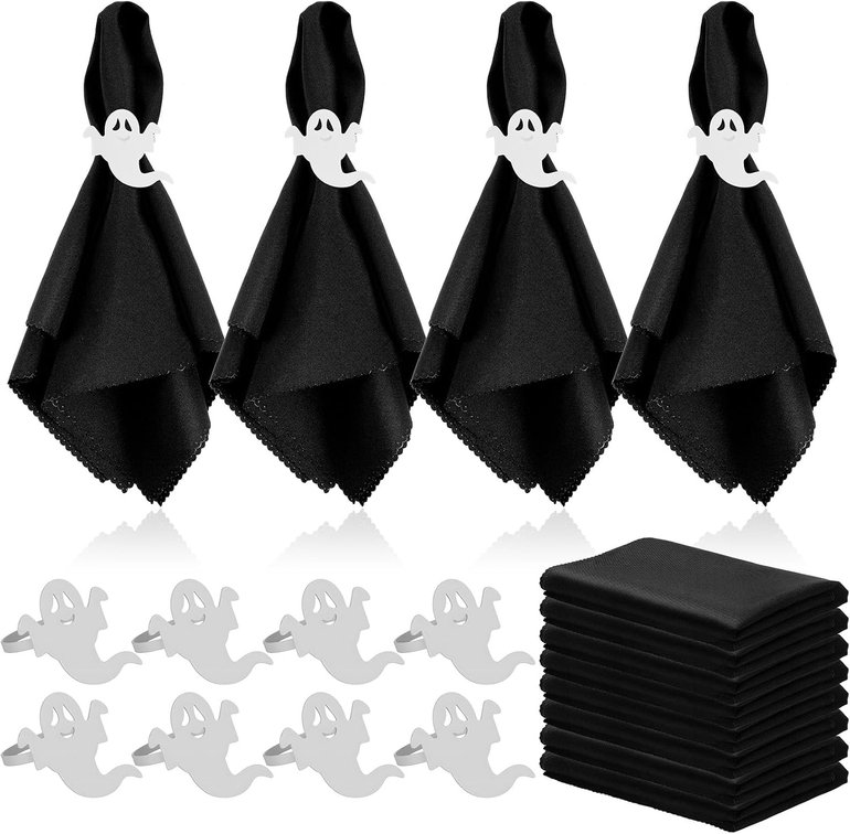 Bokon 8 Pack Halloween Napkin Ring Set Fall Thanksgiving Metal Napkin Rings and Washable Dinner Napkins for Home Dinner Table Setting, Halloween Party Decorations(Ghost,Black)