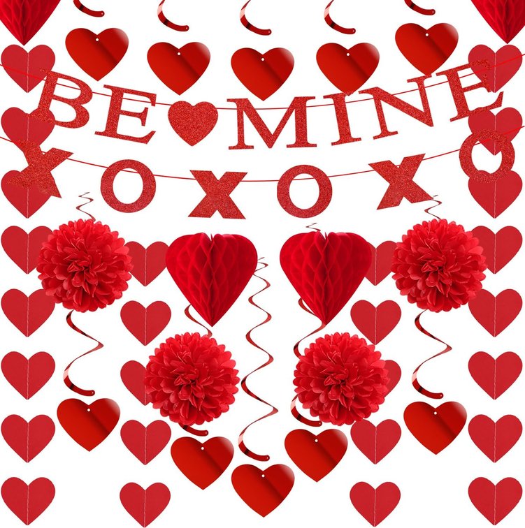 SET OF 2 Valentines-Day Decorations Red-Heart Garland Galentines-Decor - 24pcs Tissue Paper Pom Poms Streamers Swirl,Be Mine Xoxo Banner,Love Romantic Special Night Anniversary Party Hanging Lasting Surprise