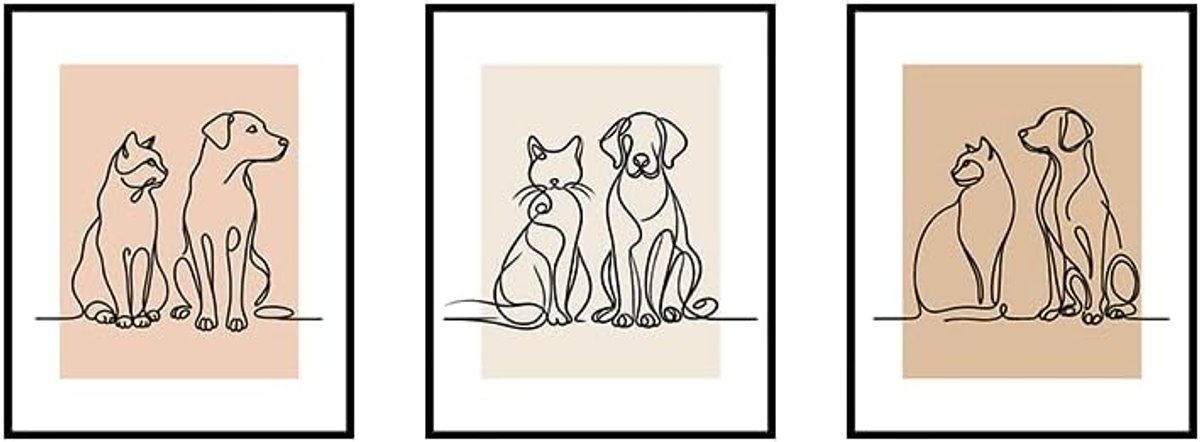 Frames not Included Line Art, Dog & Cat Painting Canvas, Set of 3, Minimalist Pet Wall Art, Animal Wall decor for Living Room, Bedroom, Bathroom, Unframed (8   10)