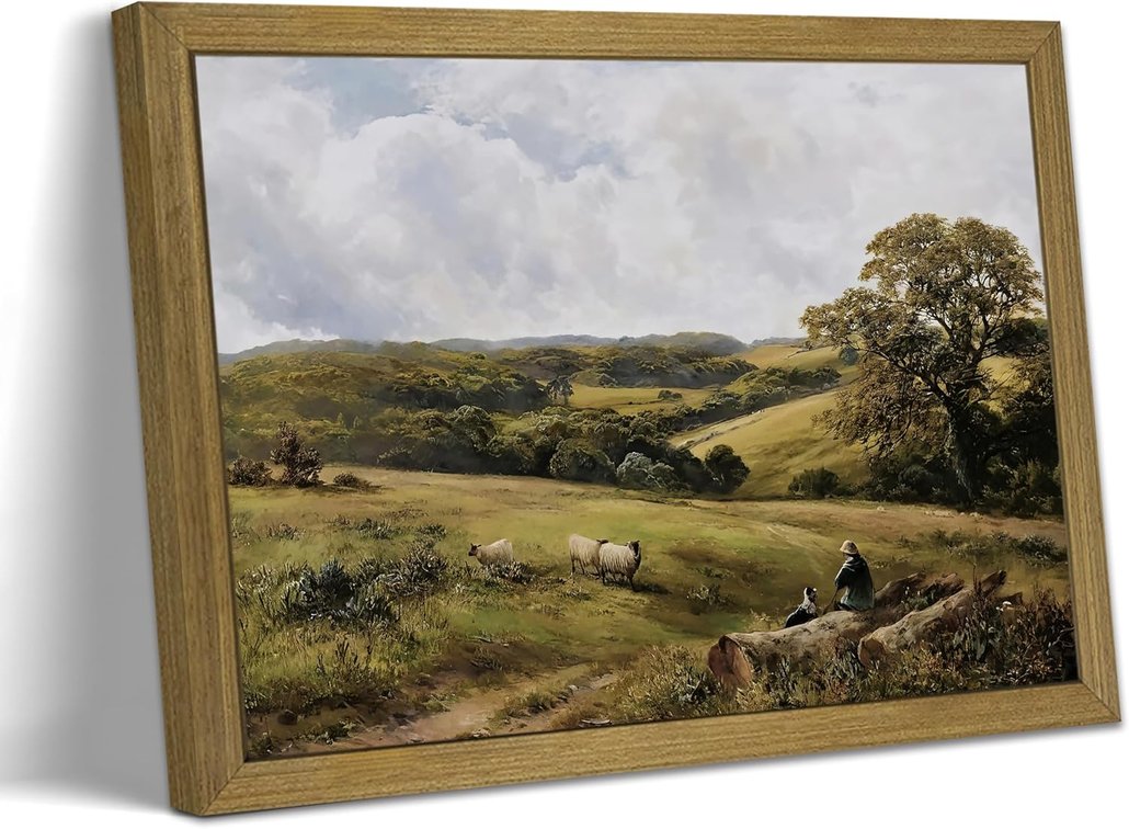 Vintage Framed Landscape Wall Art, Green Grassland Nature Scenery Oil Painting, Rustic Farmhouse Canvas Wall Decor, Sheep on The Grassland Prints Poster for Living Room Bedroom Bathroom 12x16 Inch