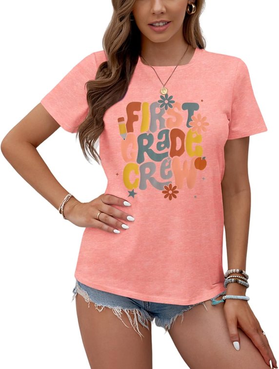 Size 2XL CM C&M WODRO First Day of School Shirt Women First Grade Crew Teacher T-Shirt Back to School Outfit Teacher Life Tee Tops