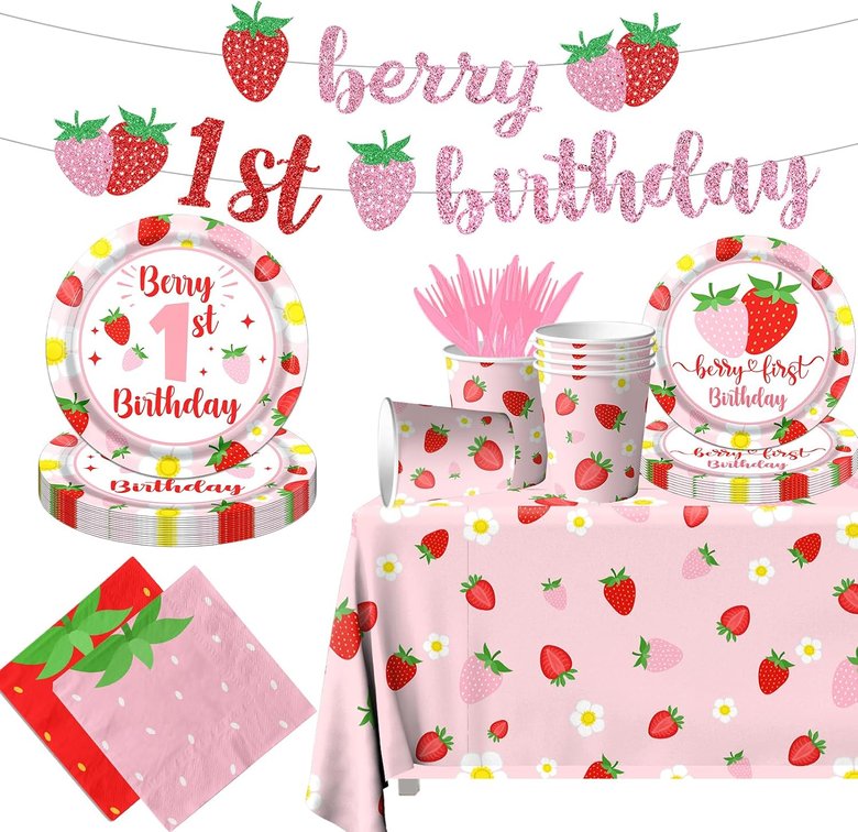 Berry First Birthday Decor Strawberry 1st Birthday Decorations for Girls with Plates, Napkins, Tablecloth, Cups Strawberry Party Decorations, Serve 20