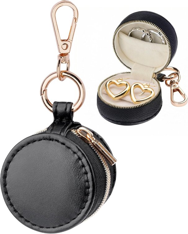 Portable Ring Holder Keychain, Mini Sports Jewelry Holder Box, Small Travel Ring Earring Stud Necklace Storage Case (Black)