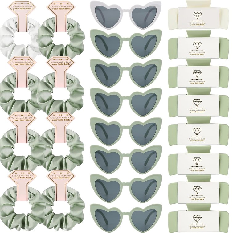 Bridesmaid Scrunchies Proposal Hair claws clips Set of 12 Bridal Shower heart sunglasses Gifts for Wedding Bachelorette Party Favors (24pcs White&Sage Green)