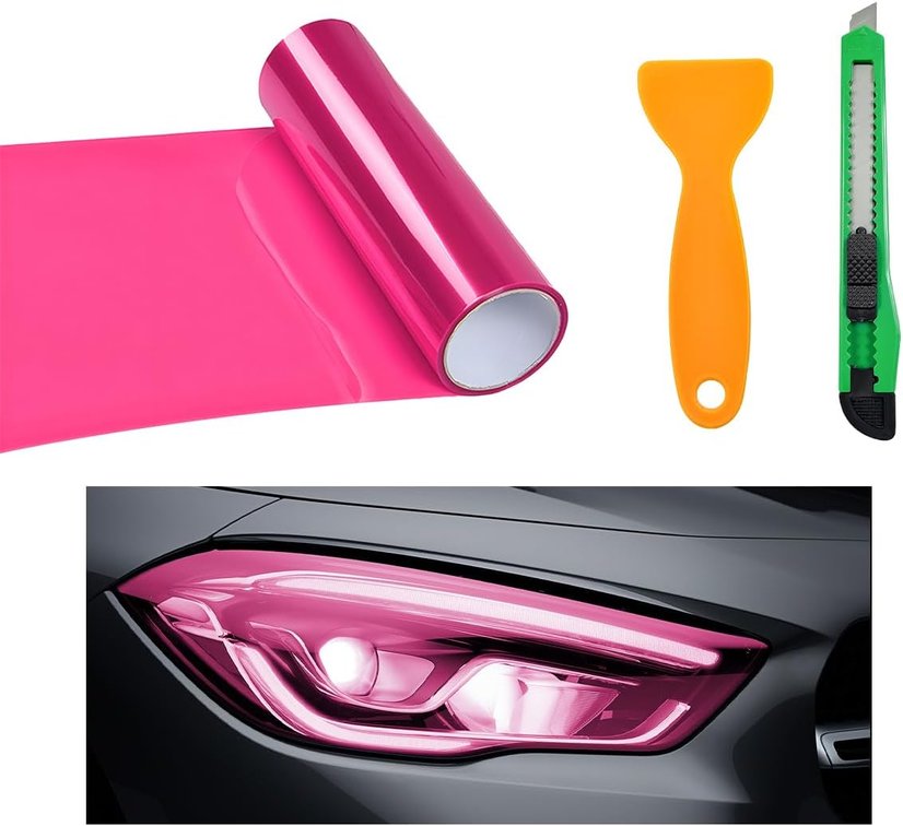 Wevdn Car Light Tint Film, 46.8"   11.8" Extra-Wide Waterproof Headlight Taillight Tint Wrap Roll, Self Adhesive Film Sticker Sheet for Car Headlight Tail Lights with Squeegee+Cutter (Pink)