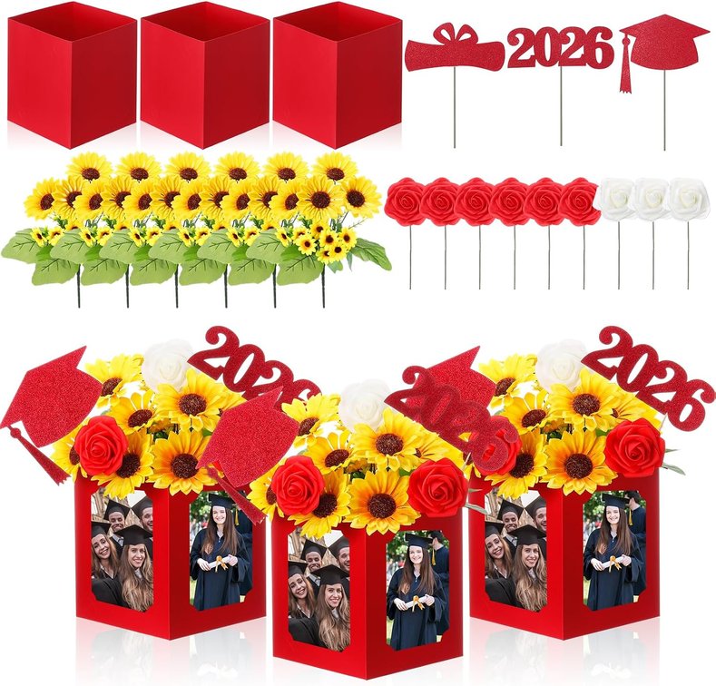 Glenmal 24 Pcs Class of 2026 Graduation Table Centerpieces Decor 6/7 Inch Graduation Photo Frame Display Box Artificial Sunflowers and Roses Class 2026 Centerpieces Picks for Party(Red)