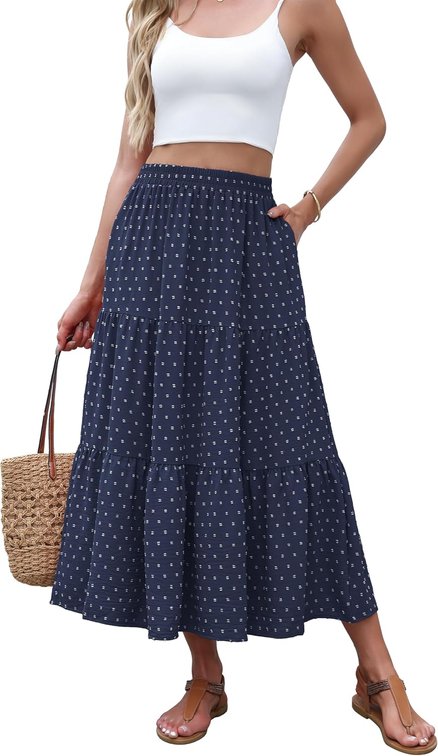 Size Large Women's Summer Boho High Waist Pleated Flowy Midi Skirt