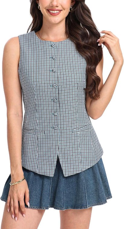 Size Small D-Sun Womens Button Down Vest Tops Sleeveless Work Business Casual Slim Crop Vest