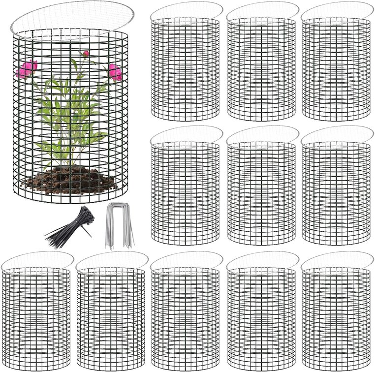 12 Sets of 16' x 12' Garden Plant Protectors from Animals With Detachable Covers ,36Pcs Metal Wire Protectors With Cover for Plants , Metal Plant Cage Chicken Wire Cloche with Stakes & Nylon Ties