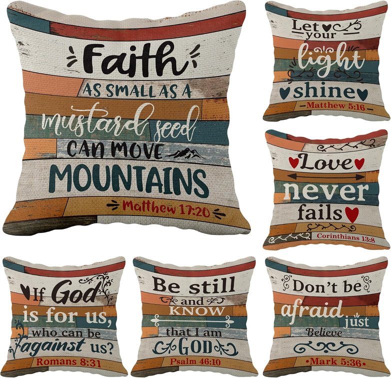 Scripture Art Vintage Linen Throw Pillow Case, 18 x 18 Inch Set of 6, Christian Decor, Christian Gift, Church Gifts, Inspirational Gift, Scripture Sayings Jesus Verse Cushion Cover for Sofa Couch Bed