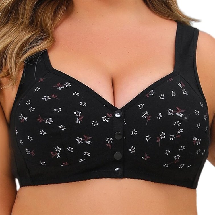 OULIGET Plus Size Front Clasp Bra for Older Women,Comfortable Soft Daisy Bras Sports Bras,Cotton Underwear Without Underwire Black