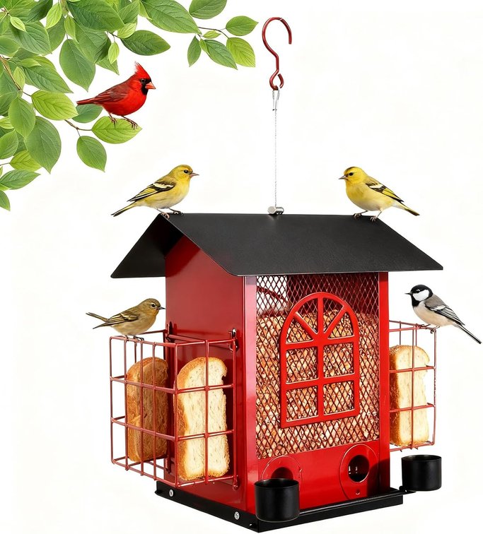 Outdoor Metal Hanging Bird Feeder Large Capacity Premium Wild Bird Feeder (Includes Bread Tray) Metal Mesh Design Multi-Compartment Food Storage Green (Red)
