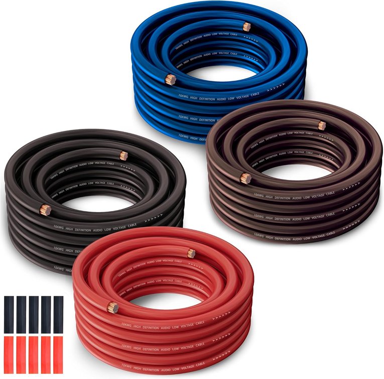 10 Gauge Wire (25FT Each, Black/Red/Blue/Brown), CCA 10AWG Automotive Cable