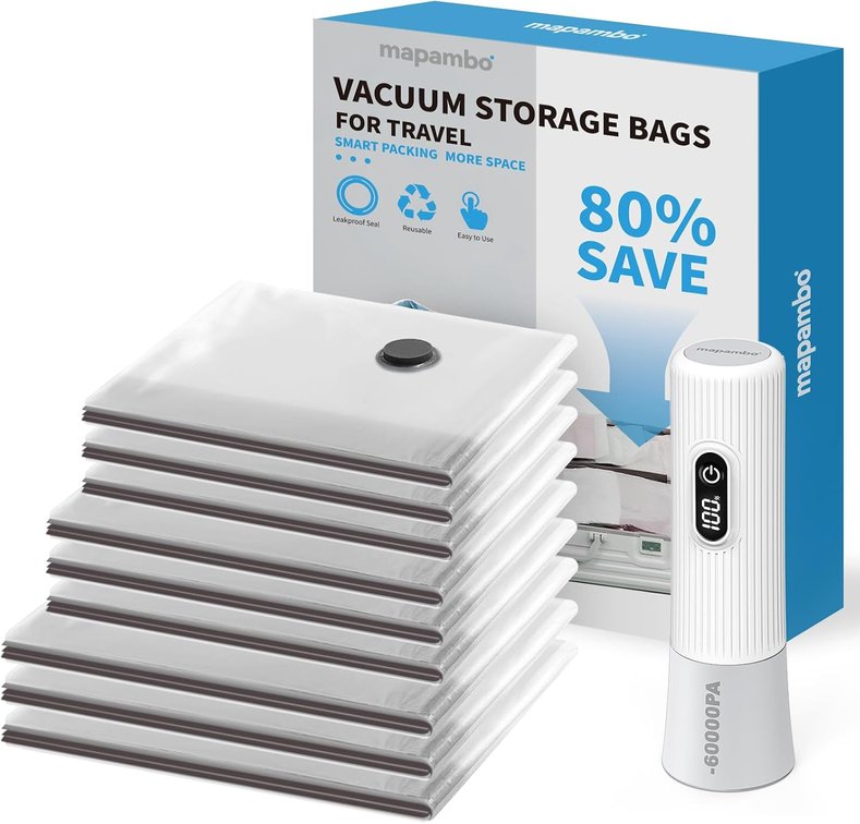 Mapambo Vacuum Seal Bags for Clothing Travel with -60000Pa LED Pump, 9 Pack Travel Cordless Vacuums Bag Set with Pump in 3 Combo Sizes. Vacuums Storage Bags for Clothes (9 Combo Size)