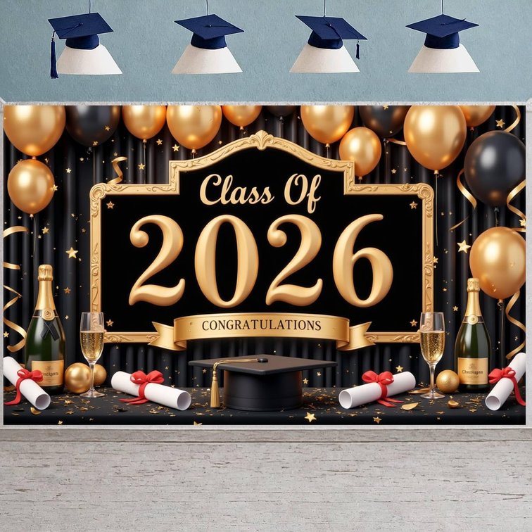 Graduation Decorations Black Gold Class of 2026 Grad Backdrop Banner Grad Cap Diploma 6x3.6ft Grad Background Photo Prop for College High School Graduation Ceremony Indoor Outdoor Party Supplies