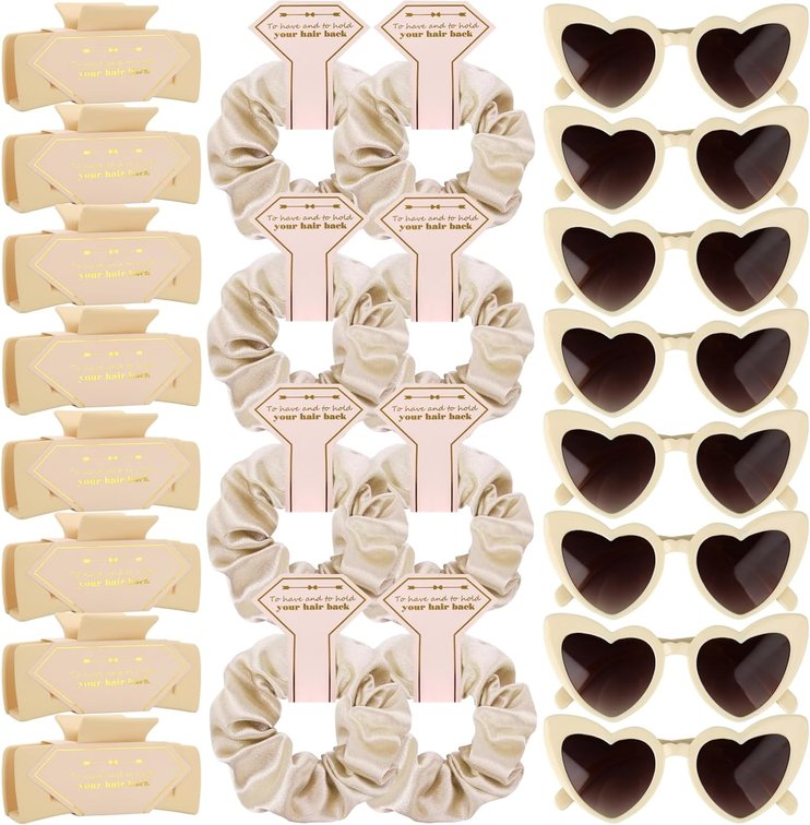 Bridesmaid Scrunchies Proposal Gifts Bachelorette Hair Claws Clips women heart sunglasses for Wedding Party Favors (Beige)