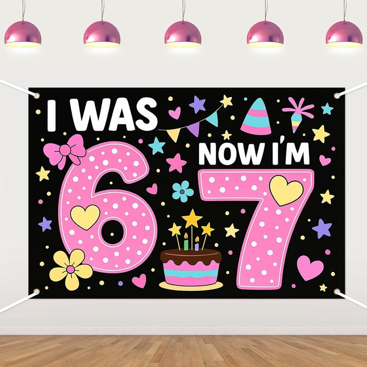 I was 6 Now I'm 7 Seven Birthday Backdrop Banner,Black Pink Bow Theme Funny 7th Birthday Party Decorations for Girl Boy Six Seven Year Old Birthday Party Supplie