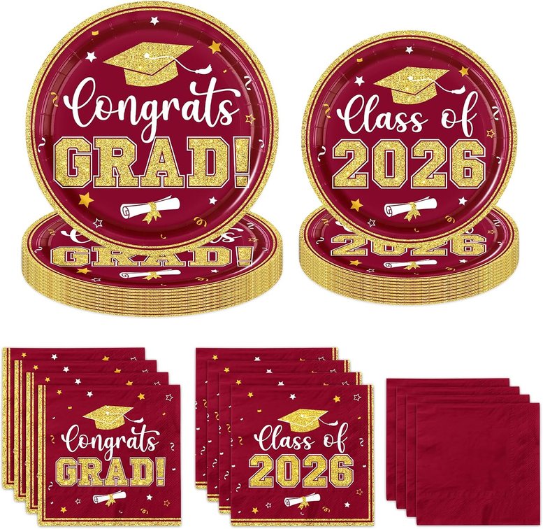 200Pcs Graduation Plates and Napkins - Congrats Grad Class of 2026 Themed Tableware Set Serves 50,Maroon Graduation Decorations 2026