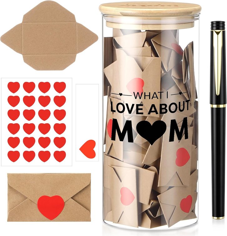 Mimorou Gifts Love Message Jar, Mini Notes Card with Envelopes I Love You Jar with 120 Envelopes, 120 Note Cards, 120 Heart Stickers, and 1 Pen for Birthday Gift