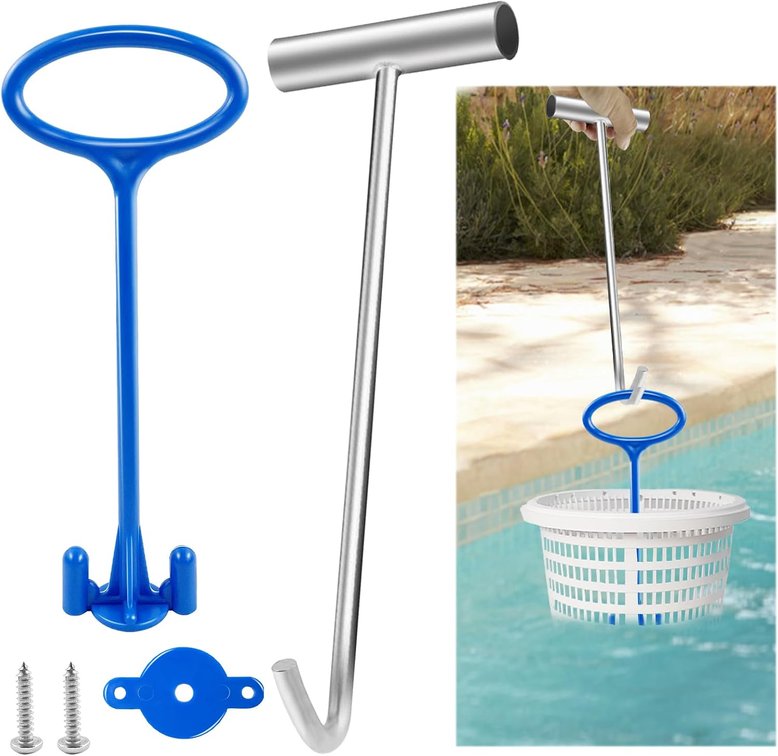 1 Pcs Pool Skimmer Basket Handle with Pool Skimmer Basket Hook, Universal Pool Basket Cleaning Tool Suitable for All Skimming Baskets, Pool Filter Basket Handle Cleaning Tool Pool Accessories
