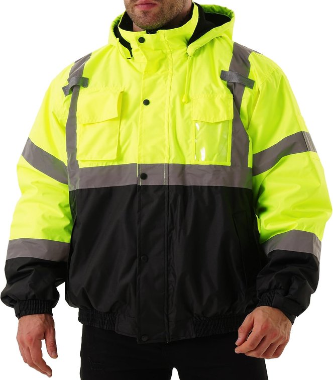 Hi Vis Safety Jacket for Men, Class 3 Reflective Bomber Jacket for Cold Weather Waterproof Construction Coats