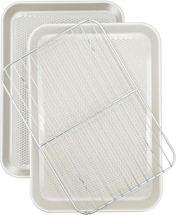 2-Pack 9x13 Quarter Sheet Pan Baking Sheet Set with Wire Rack - Nonstick 0.8mm Carbon Steel, Cookie Sheets for Baking, Non-Toxic, Dishwasher Safe, Oven Safe 450 F (External 9.5x13.6)