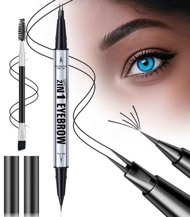 Microblading Eyebrow Pen, Eyebrow Pencil Brown Hair Like Natural Liquid Brow Contouring Pen, 2-in-1 Dual-Ended Long Lasting Eye Brow Filler Pencil with Precise 2 Micro-Fork-Tip (Black)
