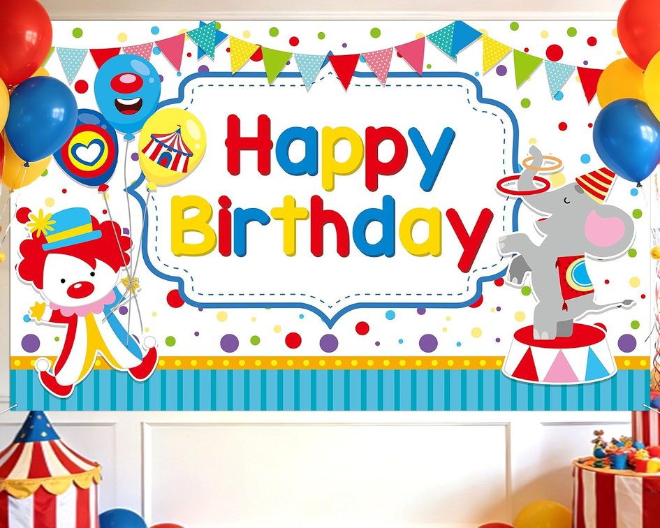 Cartoon Circus Theme Happy Birthday Banner Backdrop Circus Clown Photography Background Demon Party Decorations Red Character Hanging Banner for Cartoon Theme Birthday Baby Shower Party Supplies