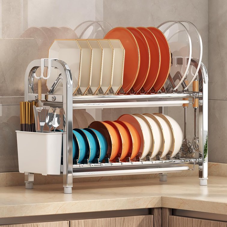Dish Drying Racks,2 Titers Stainless Steel Dish Racks for Narrow Kitchen Counter,Dishwashing Rack with Adjustable Bowl and Plate Clips for Small RVs,17.9'D x 7.24'W x 14.96'H