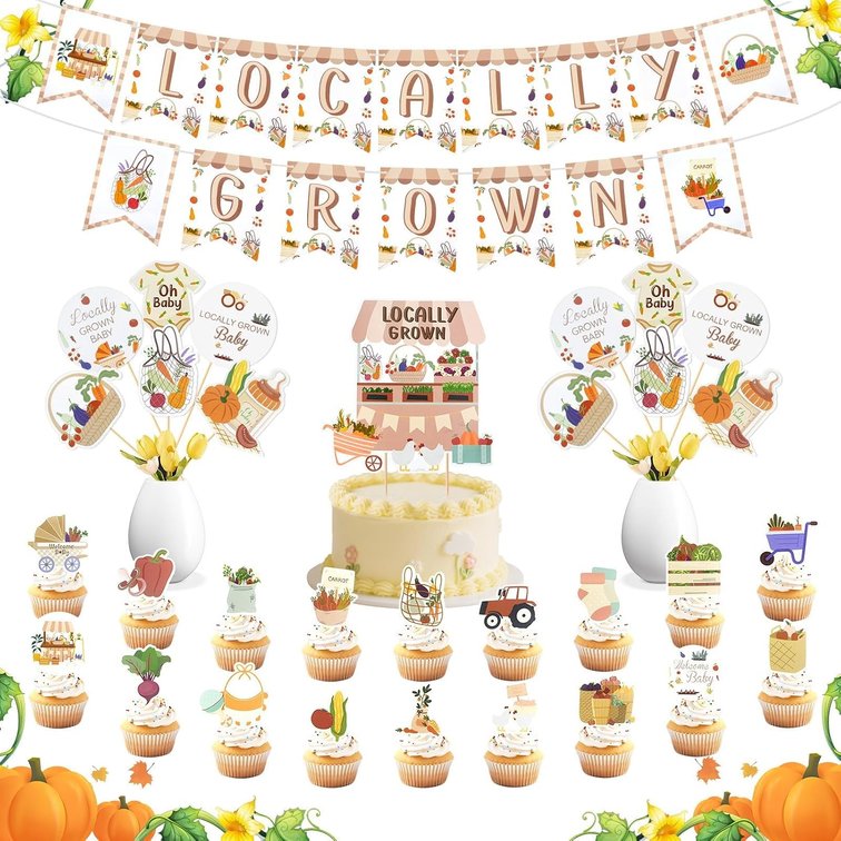 BruinBang Locally Grown Baby Shower Decorations, Farmers Market Theme Party Supplies Locally Grown Cake Toppers, Banners and Cupcake Picks, Gender Neutral Garden Party Decor for Boys and Girls