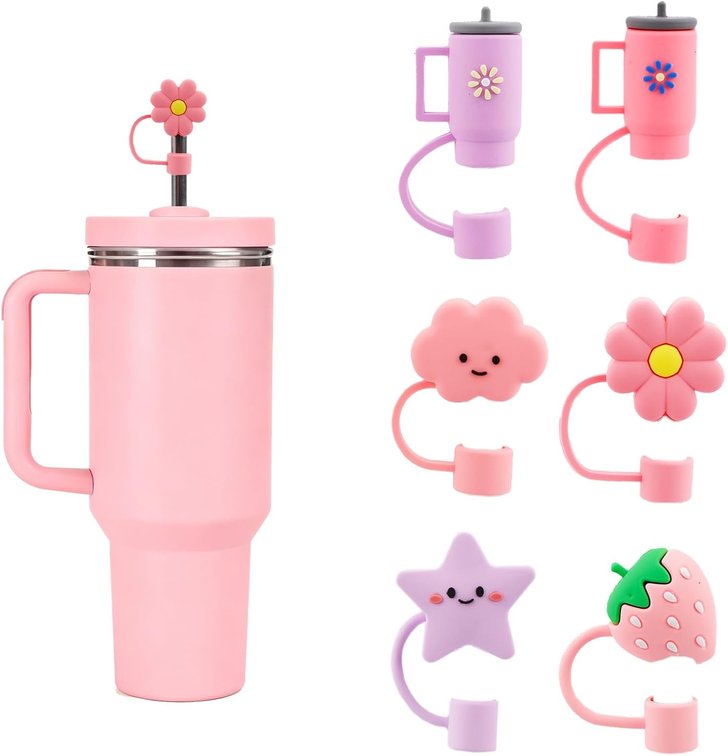 6PCS Pink and Purple Pattern Straw Covers with Stanley 30&40 Oz Cup, 10mm Soft Silicone Caps, Dust-Proof Reusable Drinking Straw Toppers, Fun Tumbler Decorations