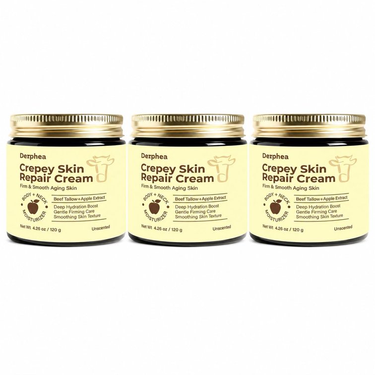 Crepey Skin Cream for Neck, Arms, Chest & Body, Unscented Moisturizing Cream with Beef Tallow, Soluble Collagen & Apple Fruit Extract, 3 Pack (4.26 oz Each)