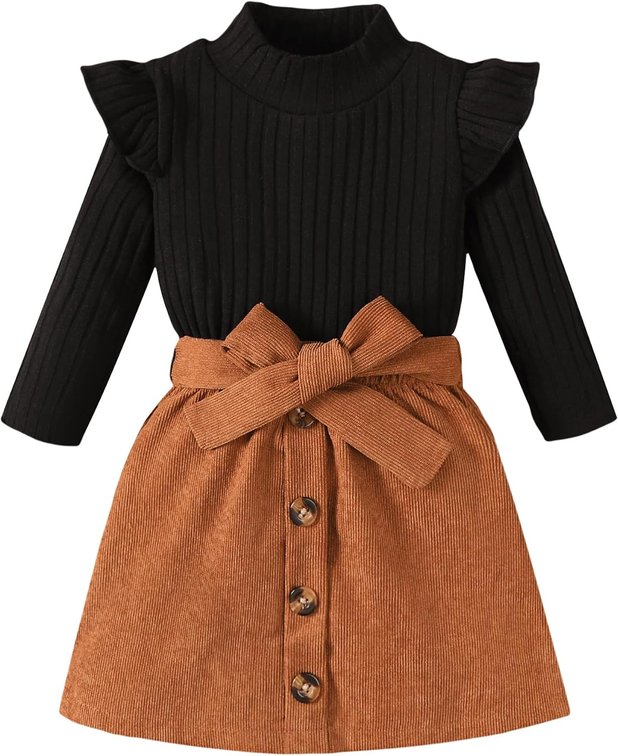 TAN NOT BLACK/BROWN Baby Girl Clothes Sets: 2 Piece Ruffle Sleeve Tops Mini Skirts Sets Fall Winter Outfits for Toddler 9 Months-5 Years