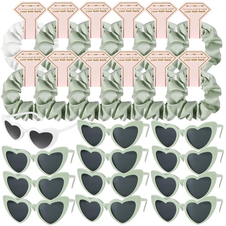 Satin Bridesmaid Scrunchies Bachelorette Hair Ties Set of 6 sunglasses Bridal Shower No Damage Hairties ideas Gift for Wedding Party Favors Bridesmaid Proposal Gifts (12pcs White&Sage Green)
