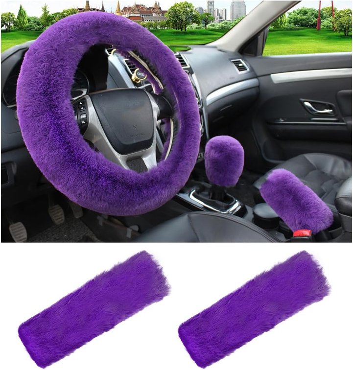 Yourkar 5 PCS Fluffy Steering Wheel Covers Set, Faux Wool Steering Wheel Cover & Handbrake Cover & Gear Shift Cover & 2 Seat Belt Shoulder Pads, Universal Car Accessories (Purple)