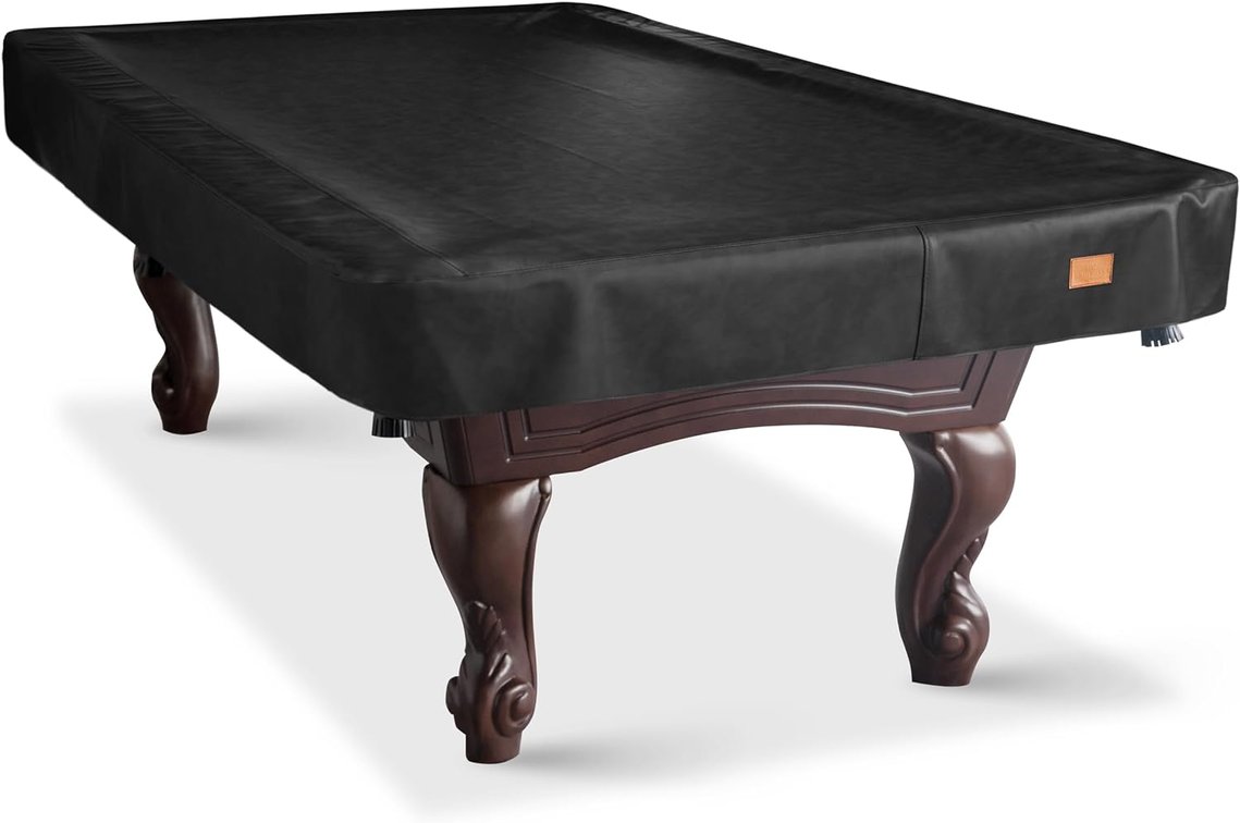 Heavy Duty Leatherette Billiard Pool Table Cover, Waterproof & Tearproof Cover for Pool Table 7/8/9FT (Black/Faux Lambskin, 9FT-(112"LX 62"WX 8"H))