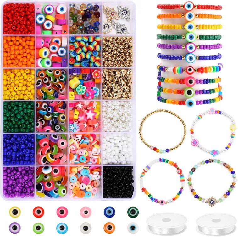 1700+PCS Evil Eye Beads for Jewelry Making, 4mm Rainbow Glass Seed Beads Clay Beads for Bracelets Making Pearl Colorful Flower Spacer Beads Kit For Women Bracelets Earring Necklace Making DIY Crafts