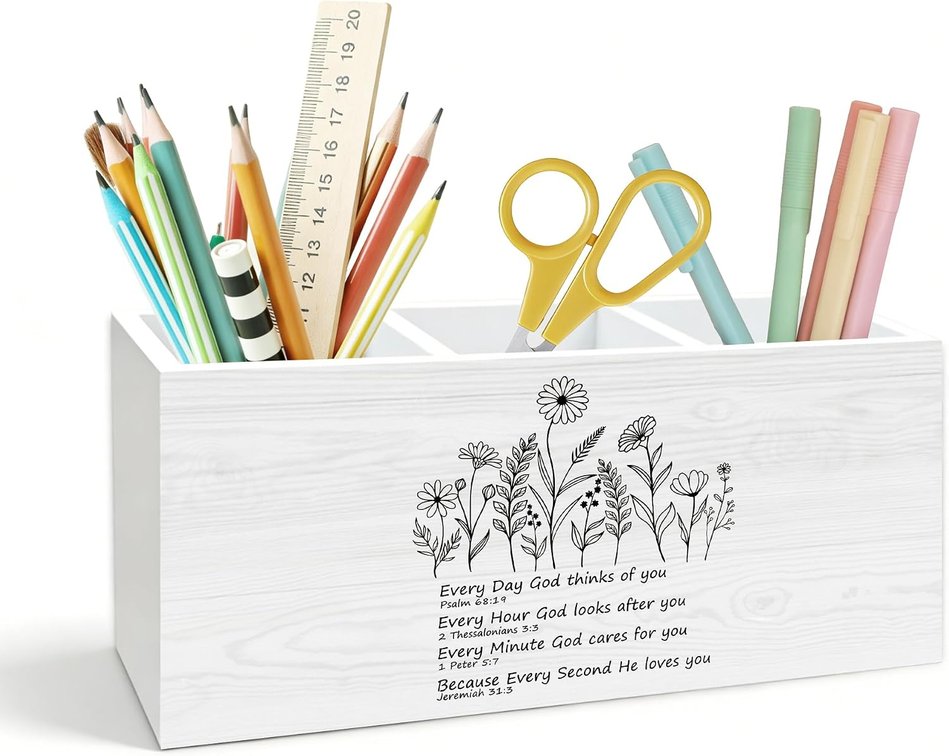 Christian Wildflower Pen Holder for Desk, Christian Gifts for Women Faith, Inspirational Bible Verse Wooden Box Pencil Pen Holder Organizer for Home Office Desk Accessories