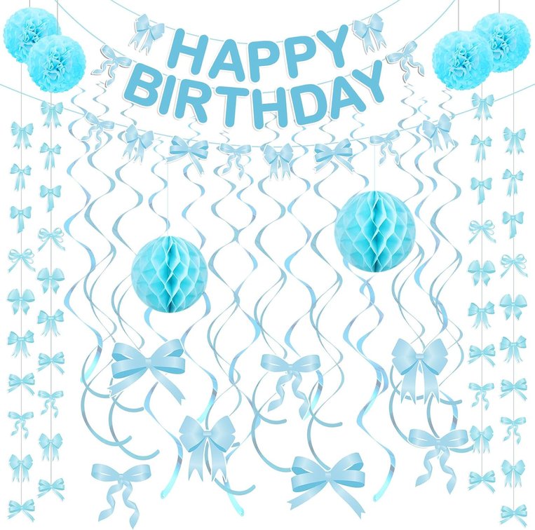 Pasimy 59 Pcs Coquette Birthday Decorations Coquette Bow Party Decorations Include Bow Banner Garland Hanging Swirls Paper Pom Pom Honeycomb Ball for Birthday Baby Shower Wedding Decor Supplies(Blue)