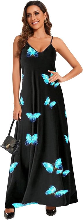 Size Small Maxi Dresses Sundress for Women Loose Printed Adjustable African Beach Dress with Pockets