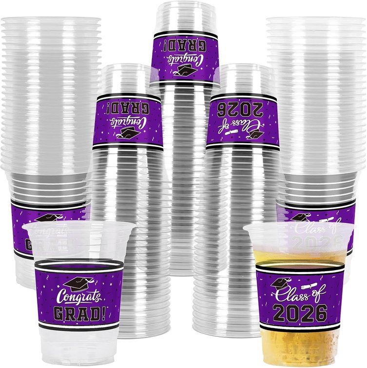 Gatherfun Class of 2026 Celebration - 100 Pcs 16oz Pruple Graduation Plastic Cups for Sturdy & Durable Drinkware for Grad Festivities | Essential Graduation Party Supplies & Decorations
