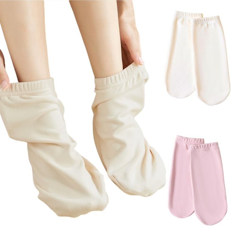Ouliget Fuzzy Spa Socks for Women,Moisturizing Sleep Socks Helps Dry Feet Calluses Dead Skin,2 Pairs,White and Pink