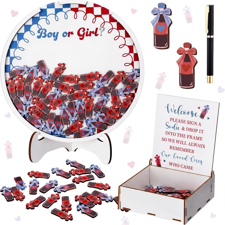 AceOrbit 63 Pcs Gender Reveal Tree Guest Book Boy or Girl, Retro Soda