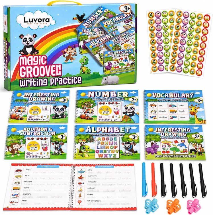 Magic Grooved Writing Practice Books for Kids Ages 3-8, Reusable 6-Book Set