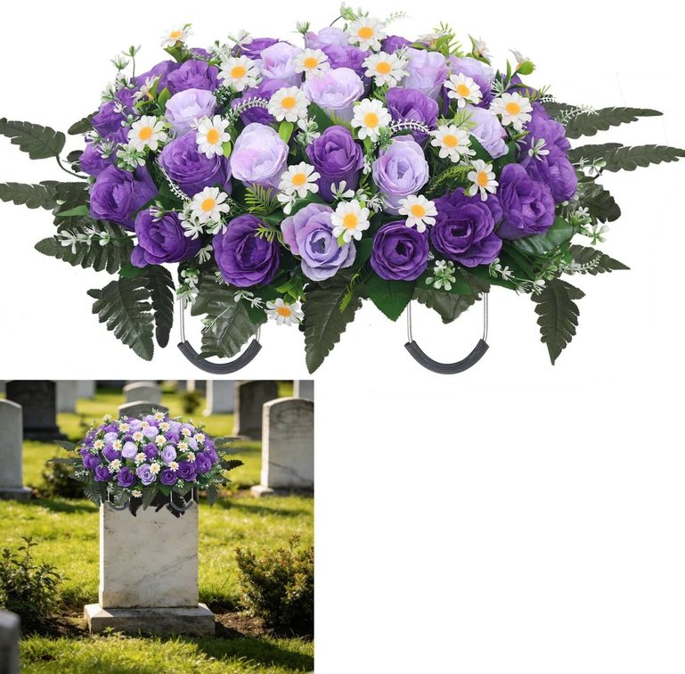 Wocst Headstone Flower Saddle,Large Artificial Cemetery Flowers for Grave Artificial Roses Daisy Saddle for Cemetery Headstone (Purple)