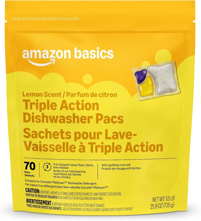 Packaging may differ Amazon Basics Triple Action Dishwasher Pacs, Lemon Scent, 70 Count (Previously Presto!)