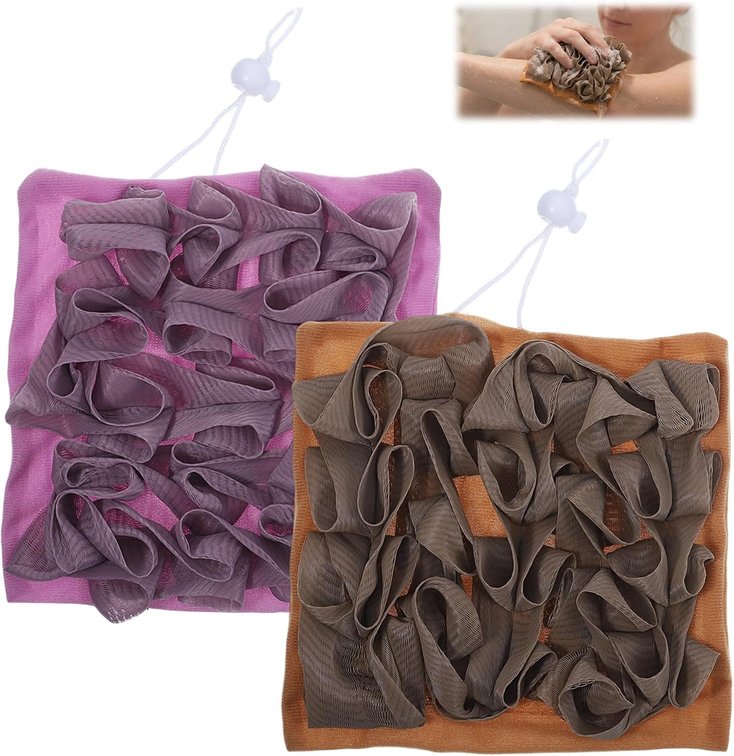 ElevateTech Soap Bar Loofah, 2 Pcs 2 in 1 Loofah Washcloth Combo Exfoliating Bath Sponges with Drawstring Bar Soap Saver Pouch Body Scrubber Mesh Shower Ball for Bathing Smoothing Skin (Purple, Brown)