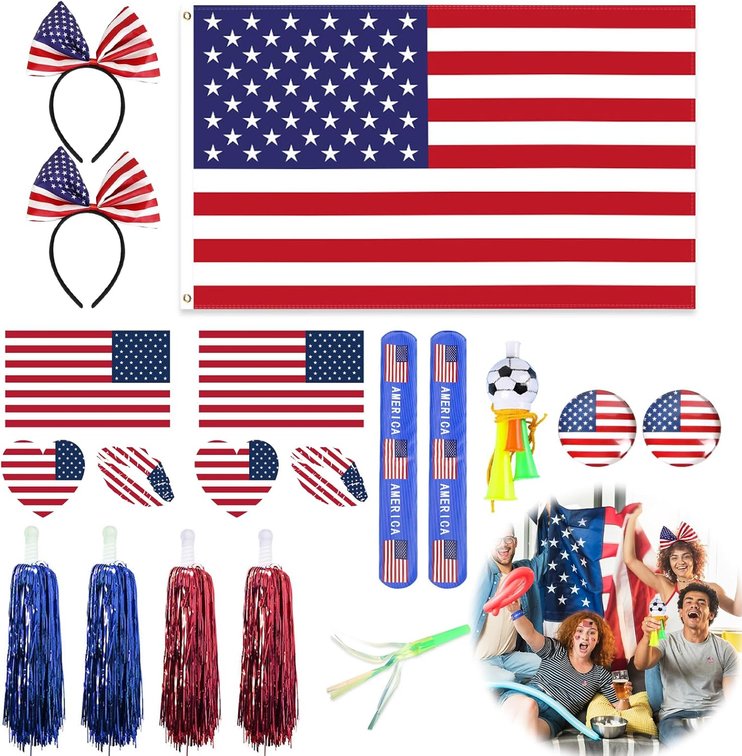 SET OF 2 2026 World Soccer Sport Cup USA Fan Gear Set 15 Pcs - Slap Bracelets, Tattoos, Whistles, Flag, Pom Poms, Headbands, Button Pins for Soccer Party Supplies Gifts