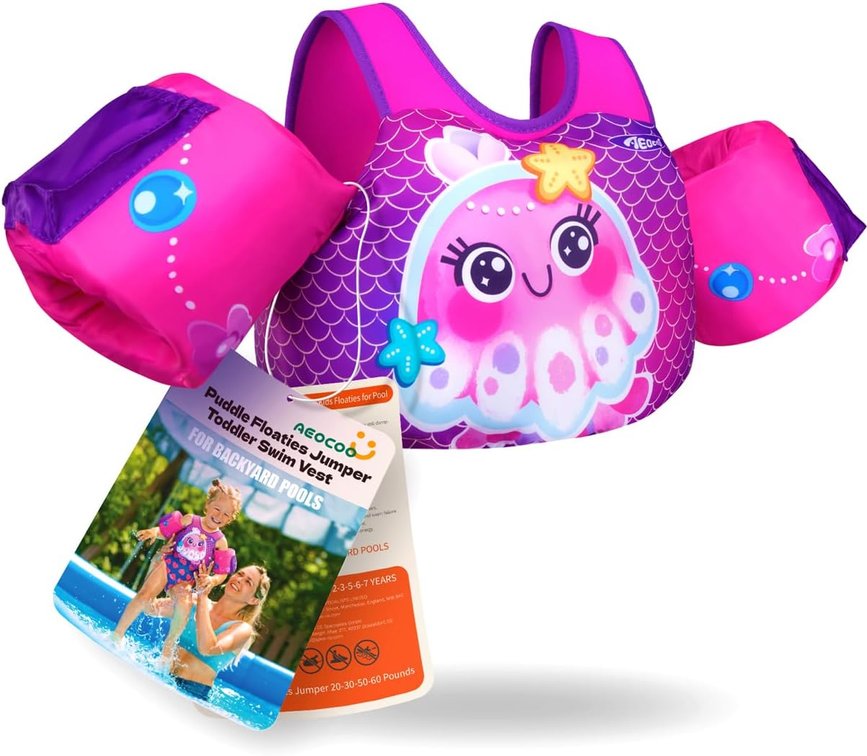 AEOCOO Puddle Float Jumper 20-30 Pounds, Toddler Swim Vest for 18Months-2Years Old, Pool Floats with Swimming Arm Floaties Swim Jacket with Water Wings for Kids Swimmies, Boys, Girls, Ni os, Seajelly